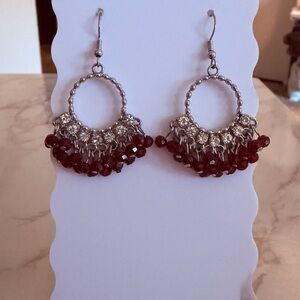 Handmade Silver Hoop Earrings with Wine Red Beads